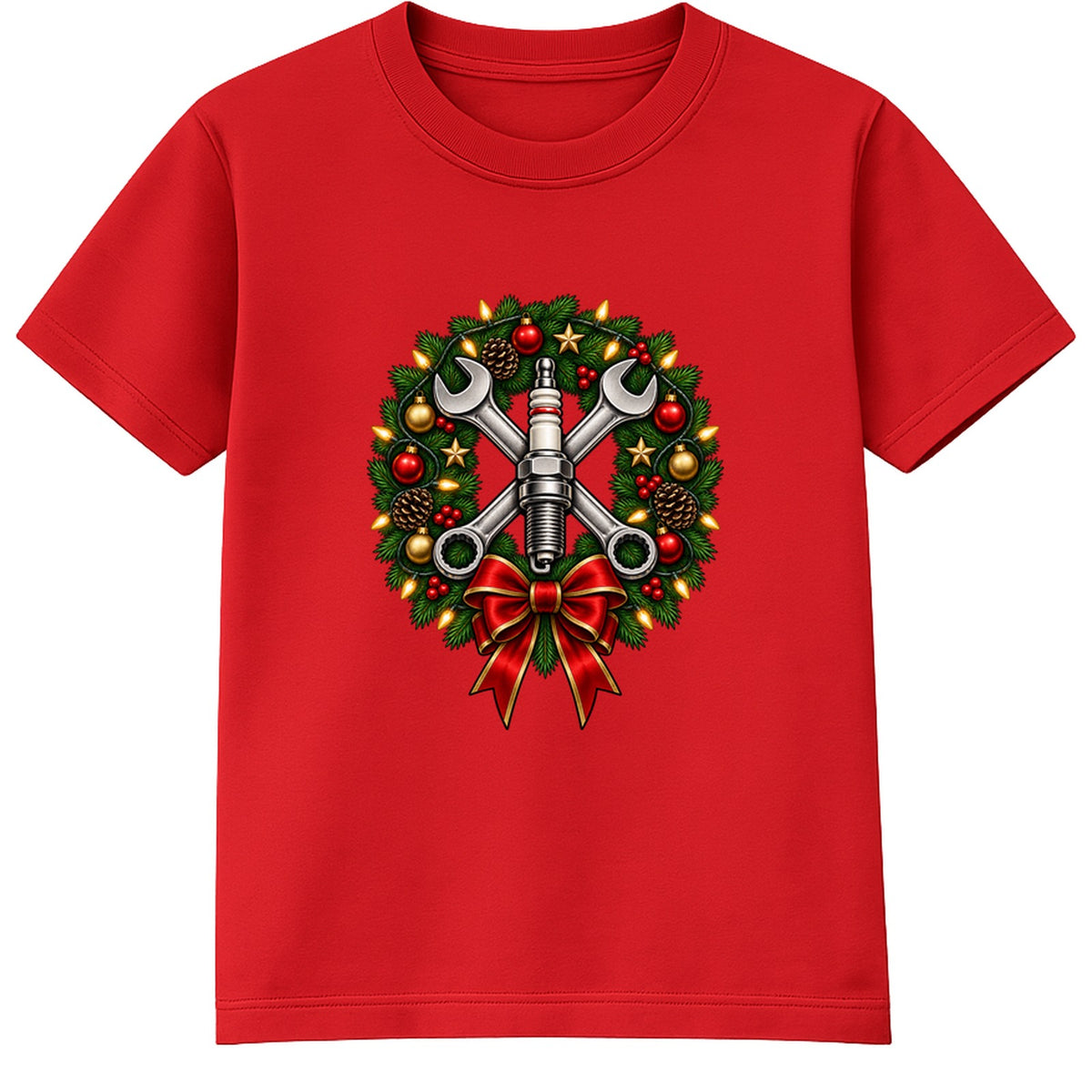 Mechanic Wreath adult Christmas t-shirt - Red