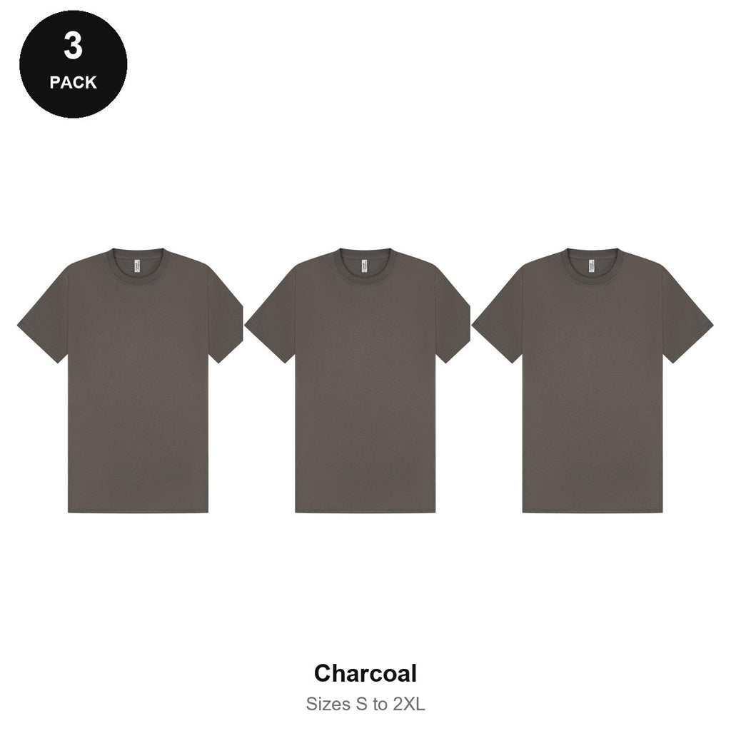 Mens Plain T-Shirts 3 Pack - 100% ringspun cotton 150gsm, Sizes S-2XL - Charcoal