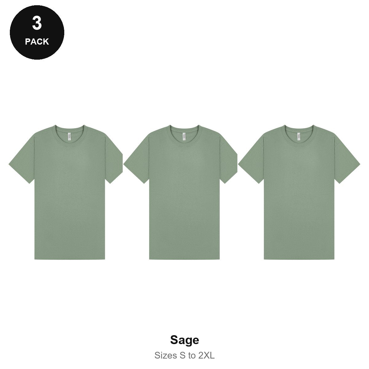 Mens Plain T-Shirts 3 Pack - 100% ringspun cotton 150gsm, Sizes S-2XL - Sage