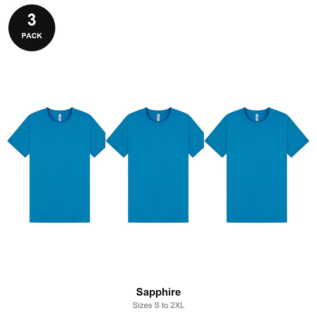 Mens Plain T-Shirts 3 Pack - 100% ringspun cotton 150gsm, Sizes S-2XL - Sapphire