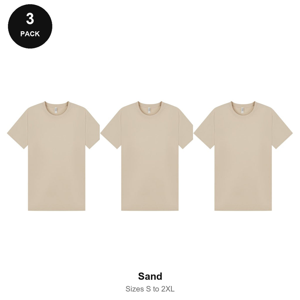 Mens Plain T-Shirts 3 Pack - 100% ringspun cotton 150gsm, Sizes S-2XL - Sand