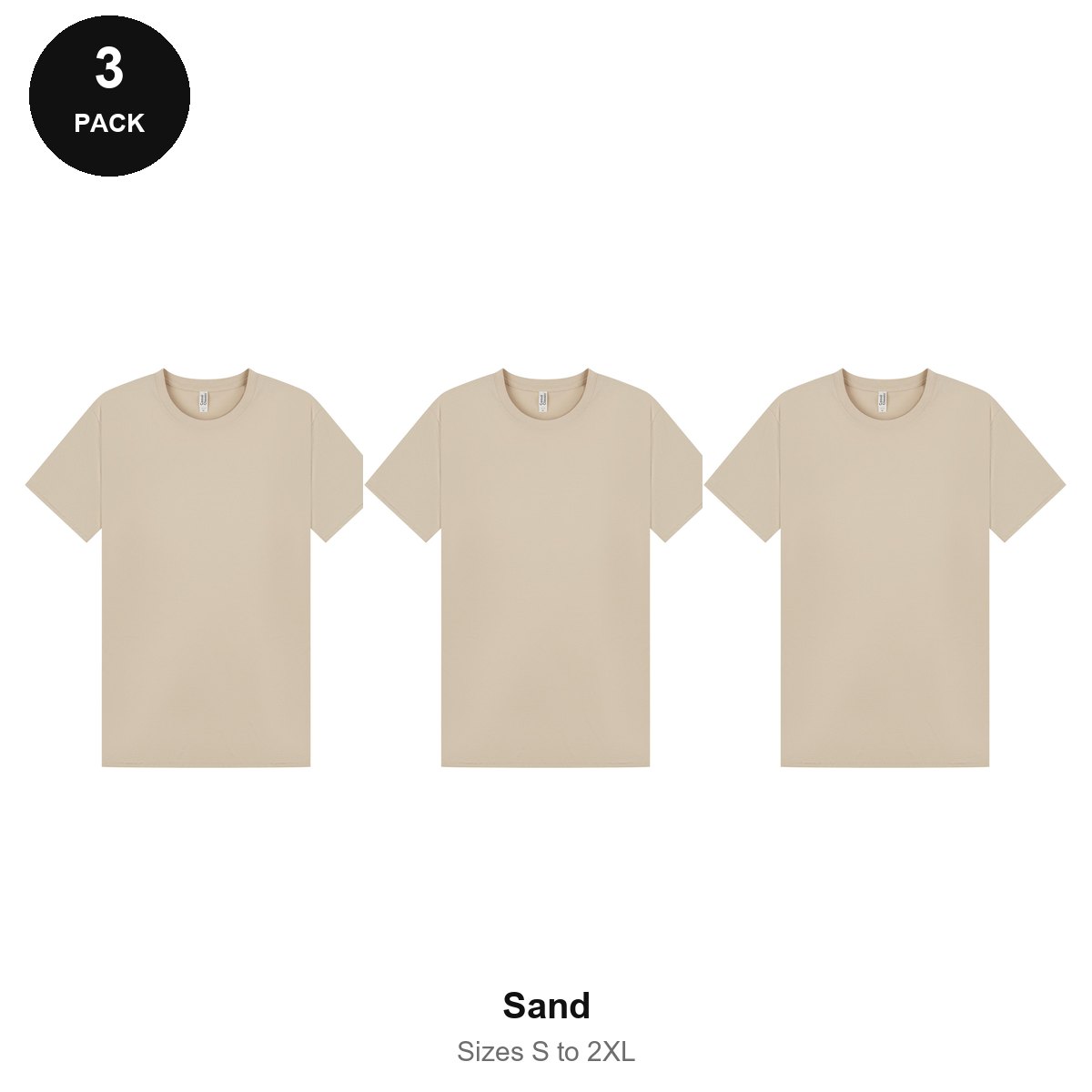Mens Plain T-Shirts 3 Pack - 100% ringspun cotton 150gsm, Sizes S-2XL - Sand
