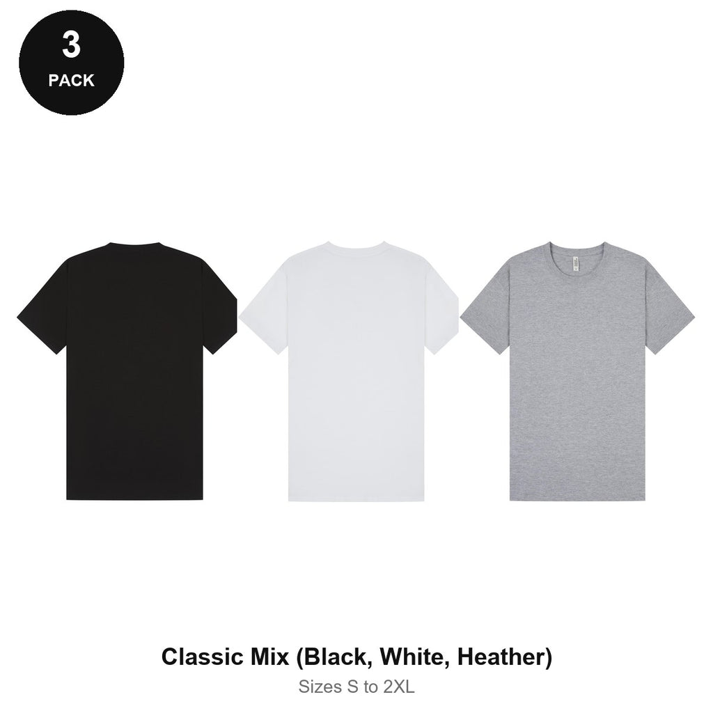 Mens Plain T-Shirts 3 Pack - 100% ringspun cotton 150gsm, Sizes S-2XL - Classic Mix (Black, White, Heather)