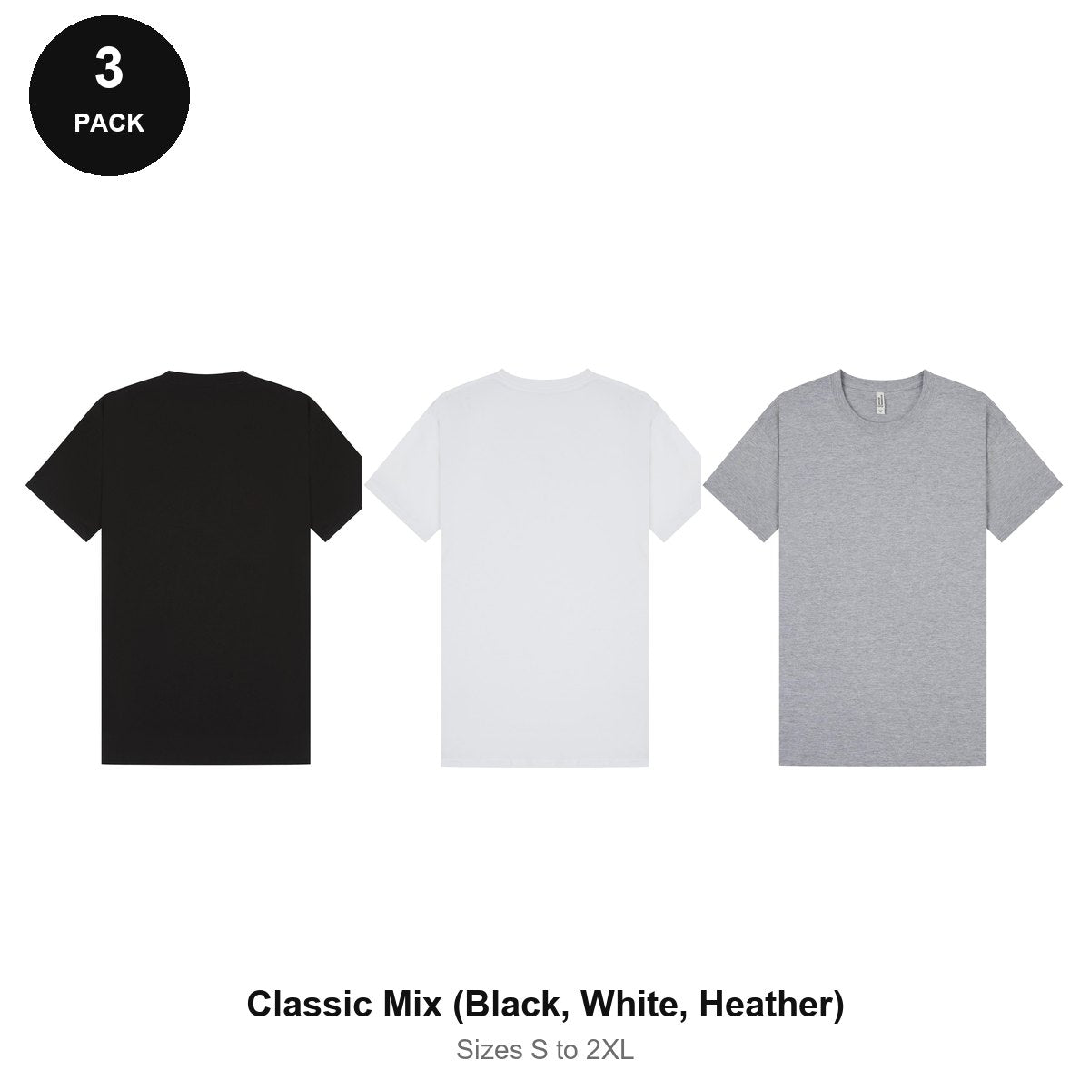 Mens Plain T-Shirts 3 Pack - 100% ringspun cotton 150gsm, Sizes S-2XL - Classic Mix (Black, White, Heather)