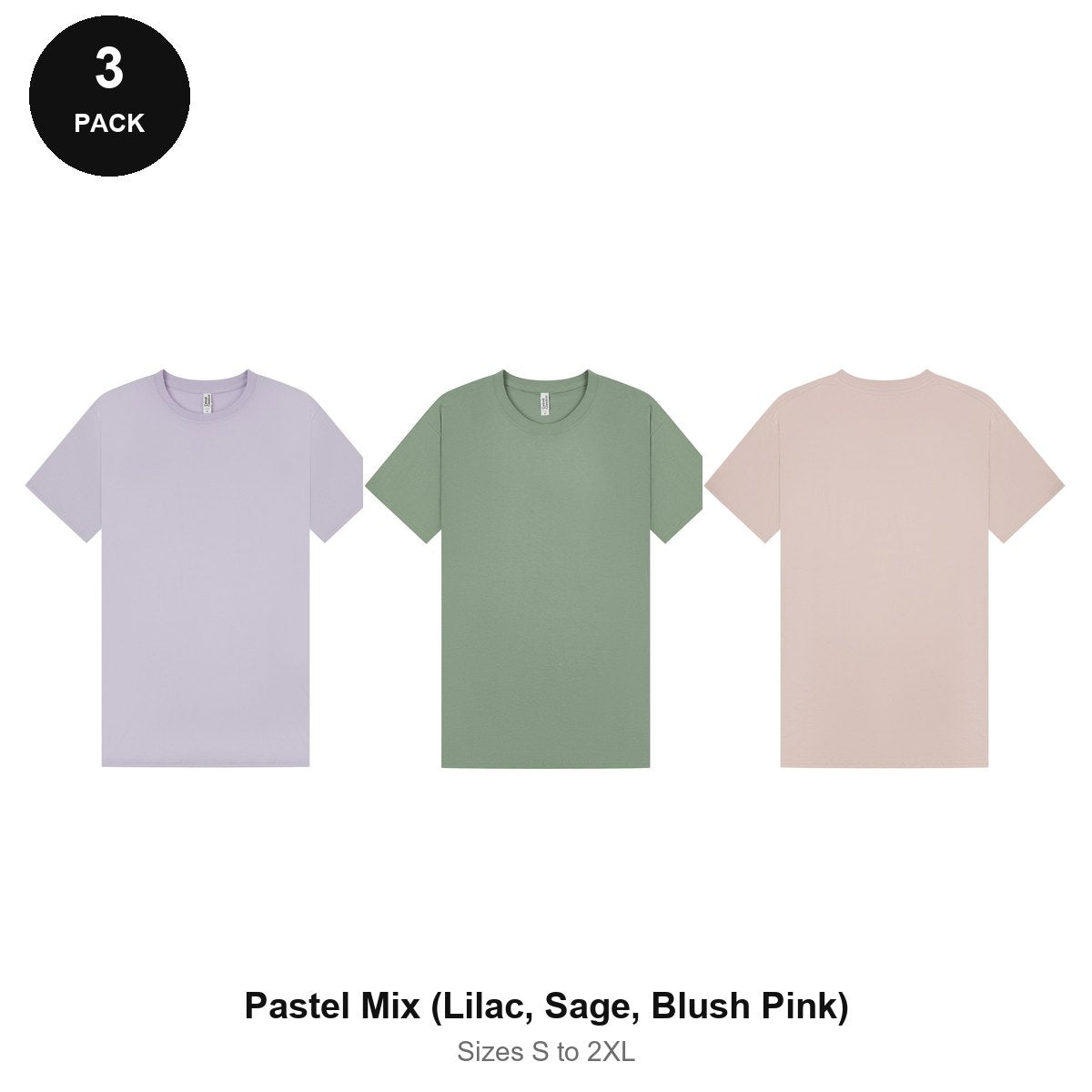 Mens Plain T-Shirts 3 Pack - 100% ringspun cotton 150gsm, Sizes S-2XL - Pastel Mix (Lilac, Sage, Blush Pink)