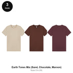 Mens Plain T-Shirts 3 Pack - 100% ringspun cotton 150gsm, Sizes S-2XL - Earth Tones Mix (Sand, Chocolate, Maroon)