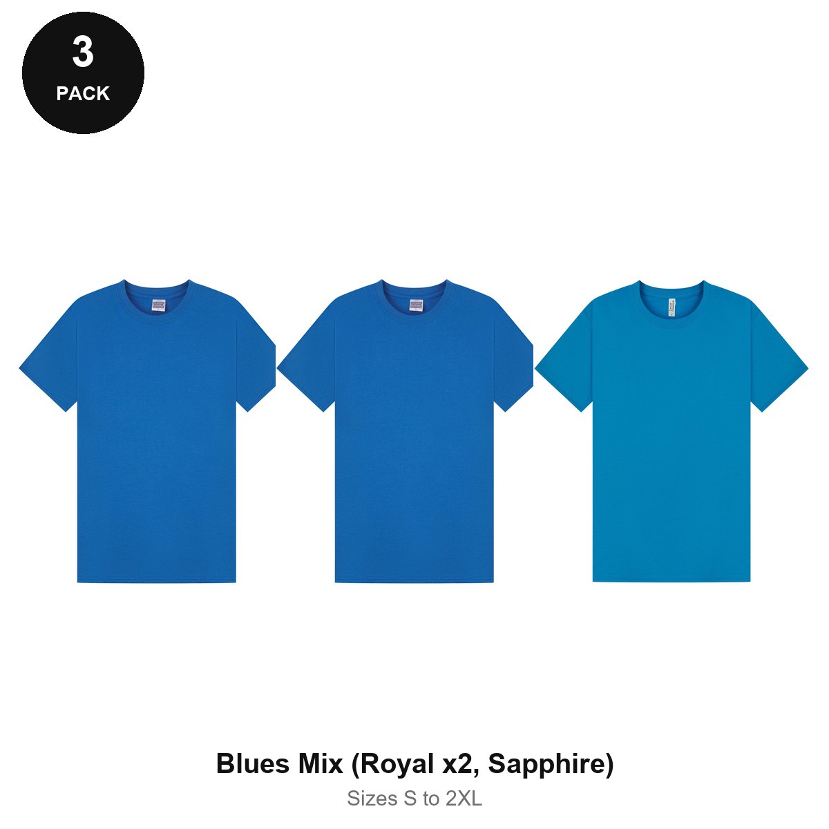Mens Plain T-Shirts 3 Pack - 100% ringspun cotton 150gsm, Sizes S-2XL - Blues Mix (Royal x2, Sapphire)