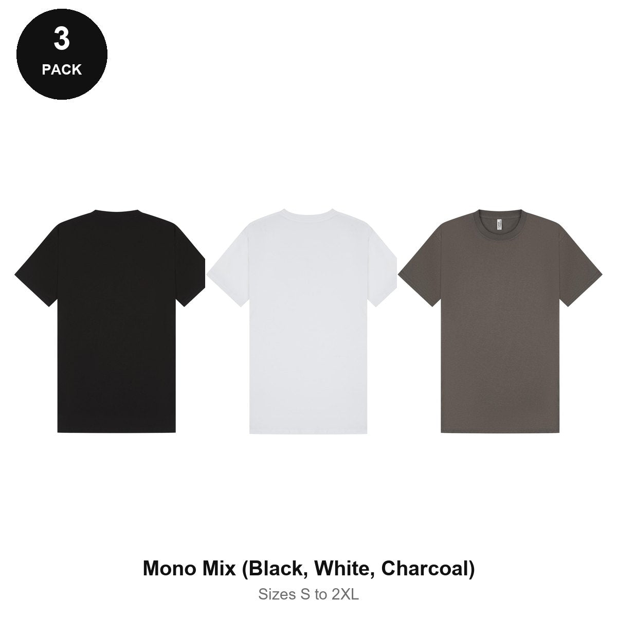 Mens Plain T-Shirts 3 Pack - 100% ringspun cotton 150gsm, Sizes S-2XL - Mono Mix (Black, White, Charcoal)
