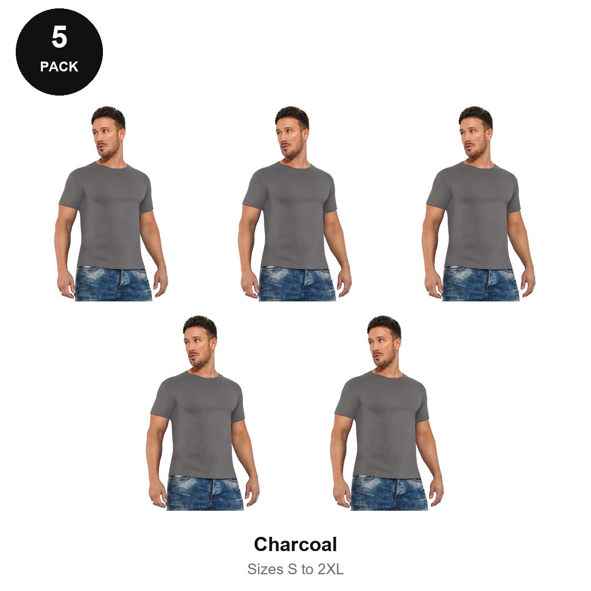 Organic Cotton T-Shirts 5 Pack - 100% organic cotton 150gsm, Sizes S-2XL - Charcoal