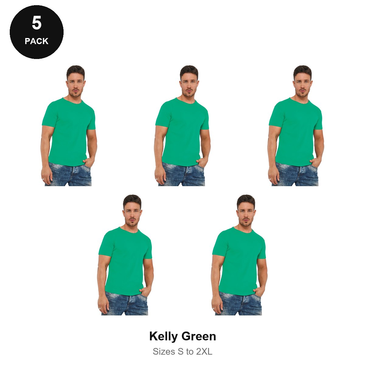 Organic Cotton T-Shirts 5 Pack - 100% organic cotton 150gsm, Sizes S-2XL - Kelly Green