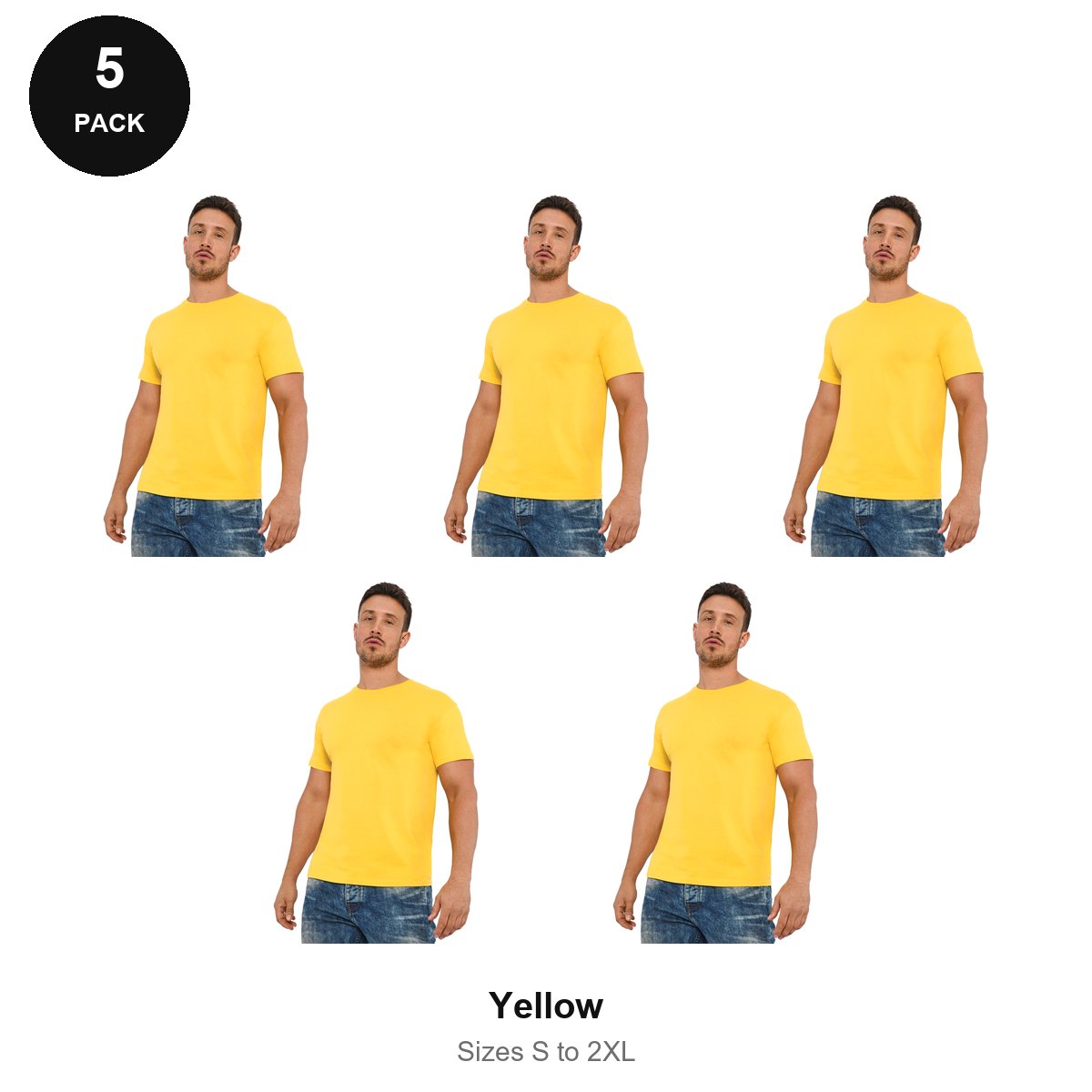 Organic Cotton T-Shirts 5 Pack - 100% organic cotton 150gsm, Sizes S-2XL - Yellow