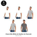 Organic Cotton T-Shirts 5 Pack - 100% organic cotton 150gsm, Sizes S-2XL - Classic Mix (White x2, Heather x2, Charcoal)