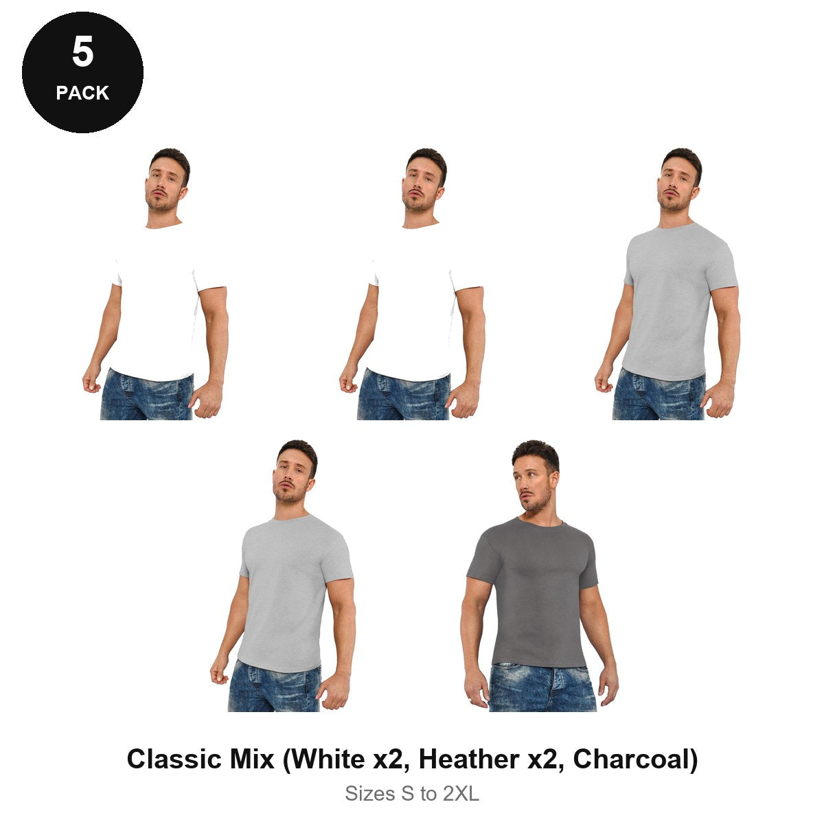 Organic Cotton T-Shirts 5 Pack - 100% organic cotton 150gsm, Sizes S-2XL - Classic Mix (White x2, Heather x2, Charcoal)