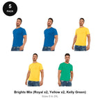 Organic Cotton T-Shirts 5 Pack - 100% organic cotton 150gsm, Sizes S-2XL - Brights Mix (Royal x2, Yellow x2, Kelly Green)
