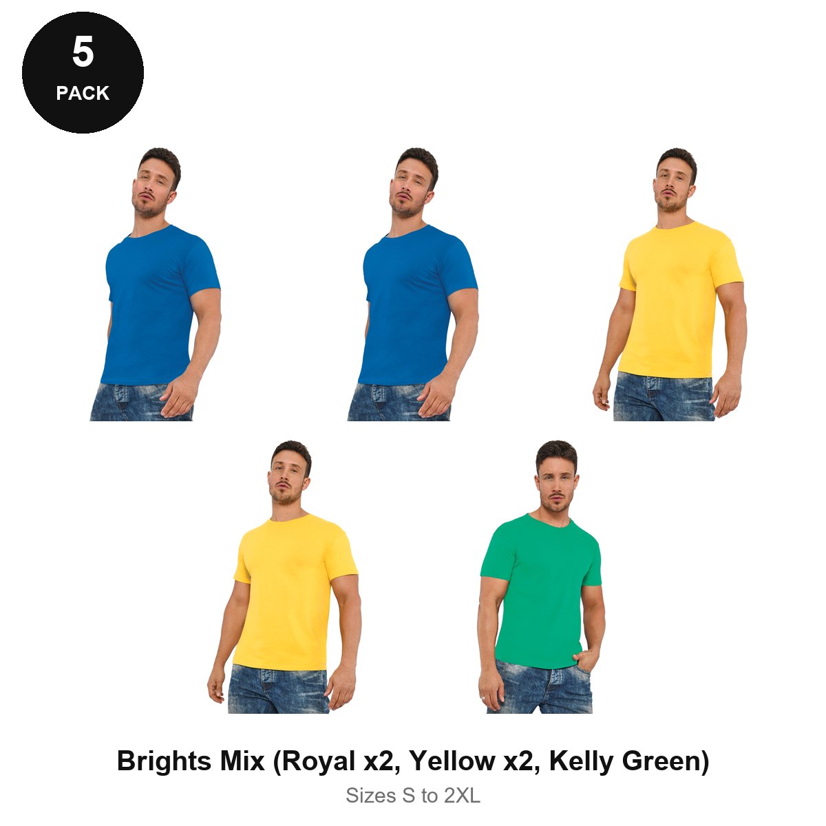 Organic Cotton T-Shirts 5 Pack - 100% organic cotton 150gsm, Sizes S-2XL - Brights Mix (Royal x2, Yellow x2, Kelly Green)