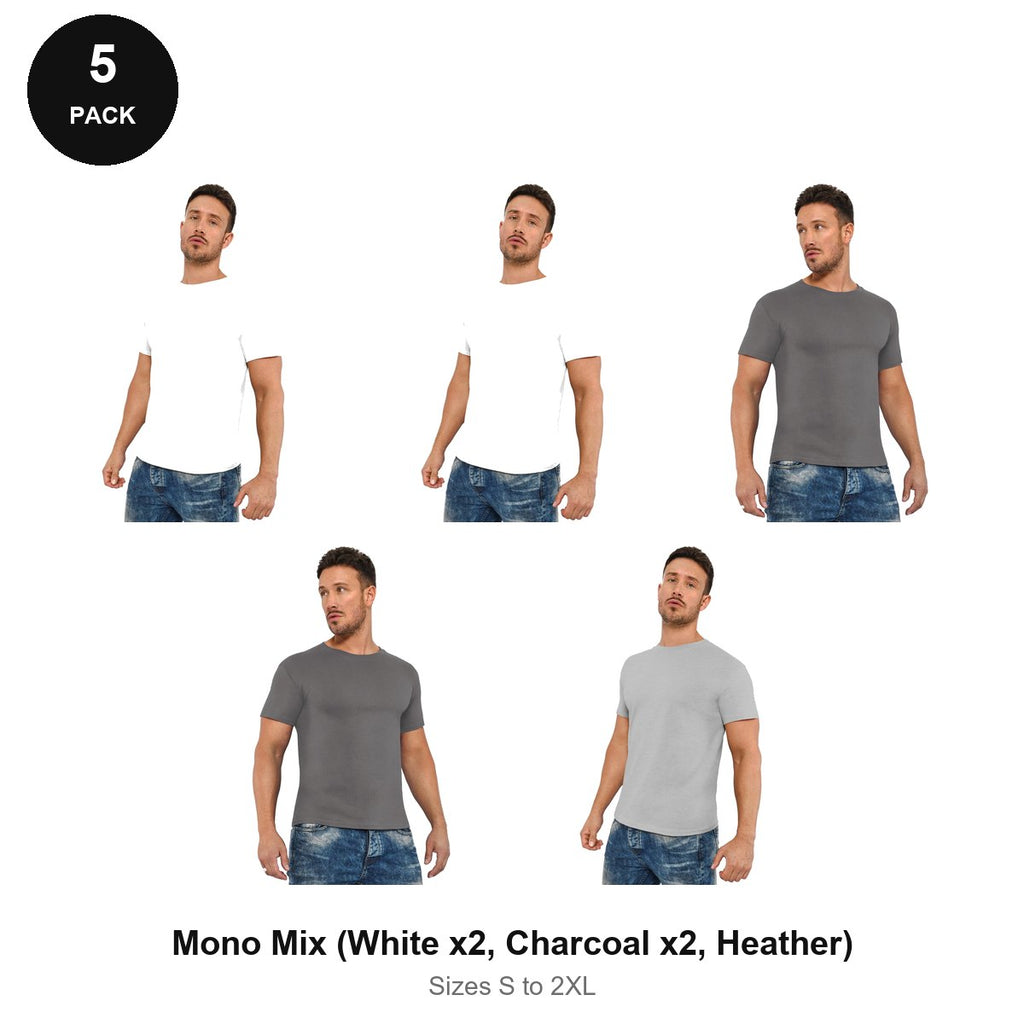 Organic Cotton T-Shirts 5 Pack - 100% organic cotton 150gsm, Sizes S-2XL - Mono Mix (White x2, Charcoal x2, Heather)