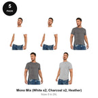 Organic Cotton T-Shirts 5 Pack - 100% organic cotton 150gsm, Sizes S-2XL - Mono Mix (White x2, Charcoal x2, Heather)