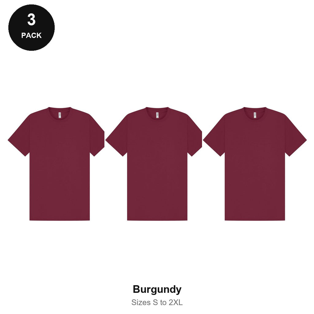 Heavyweight Organic 220gsm T-Shirts 3 Pack - 100% organic cotton 220gsm, Sizes S-2XL - Burgundy