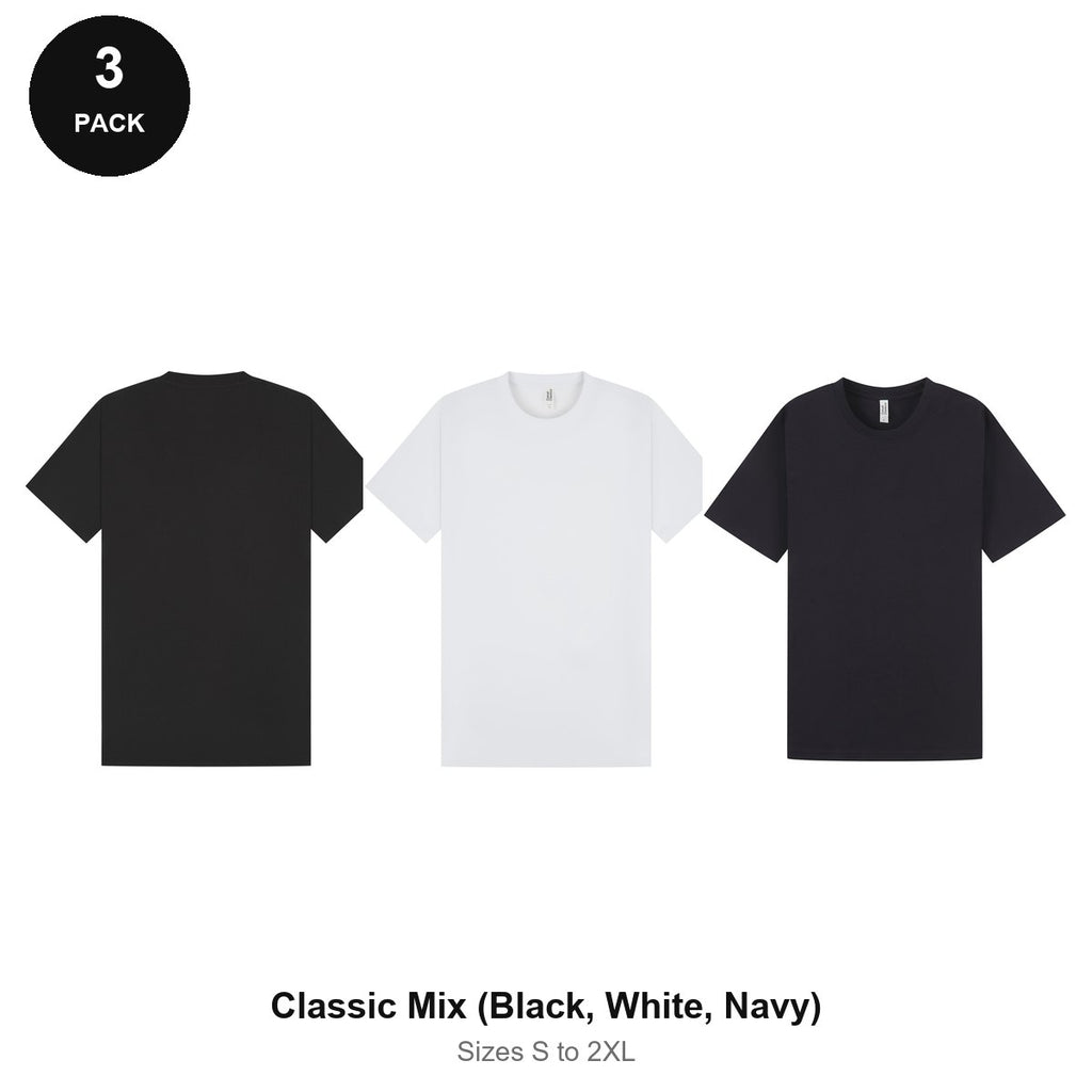Heavyweight Organic 220gsm T-Shirts 3 Pack - 100% organic cotton 220gsm, Sizes S-2XL - Classic Mix (Black, White, Navy)