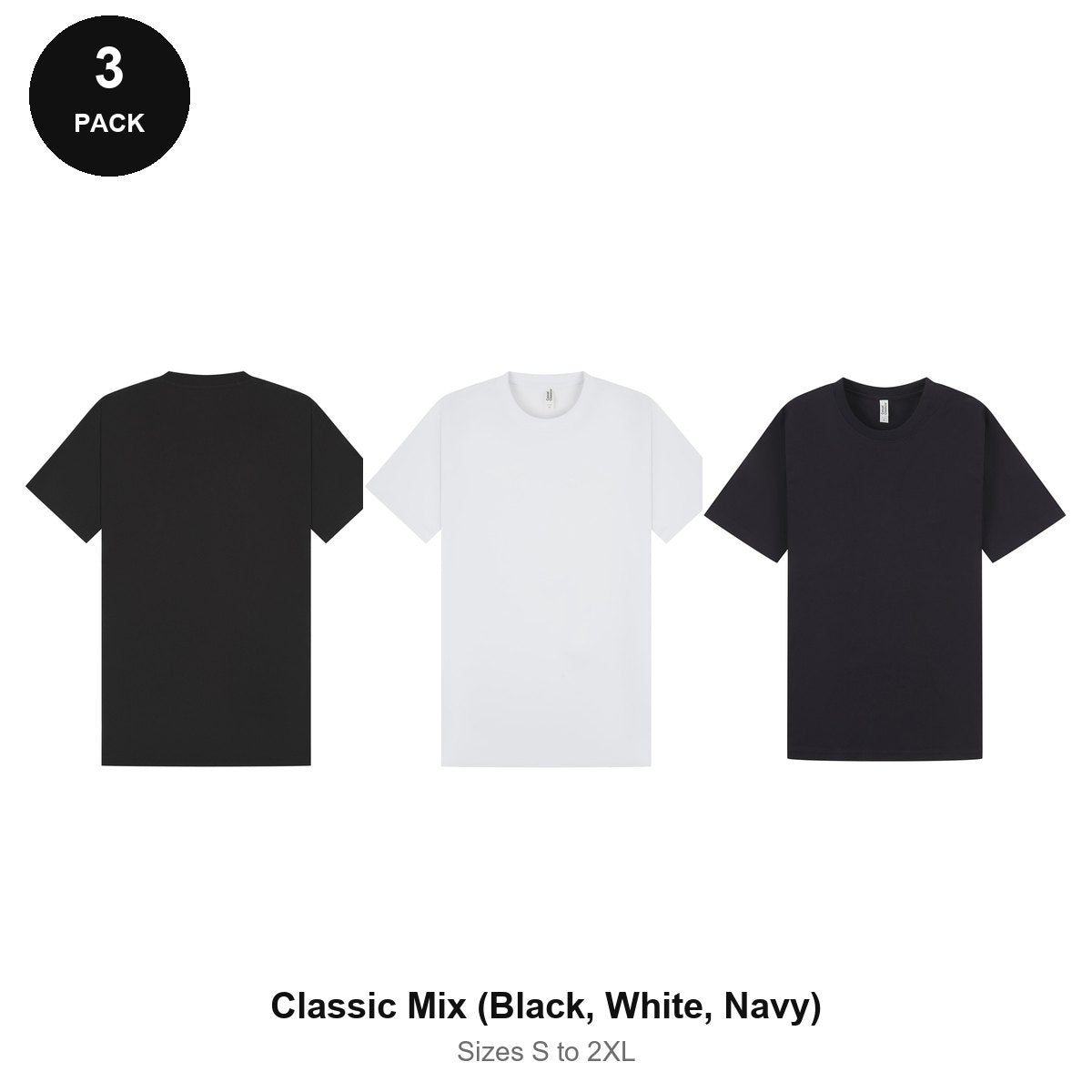 Heavyweight Organic 220gsm T-Shirts 3 Pack - 100% organic cotton 220gsm, Sizes S-2XL - Classic Mix (Black, White, Navy)
