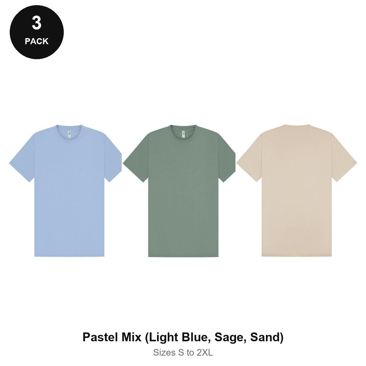 Heavyweight Organic 220gsm T-Shirts 3 Pack - 100% organic cotton 220gsm, Sizes S-2XL - Pastel Mix (Light Blue, Sage, Sand)