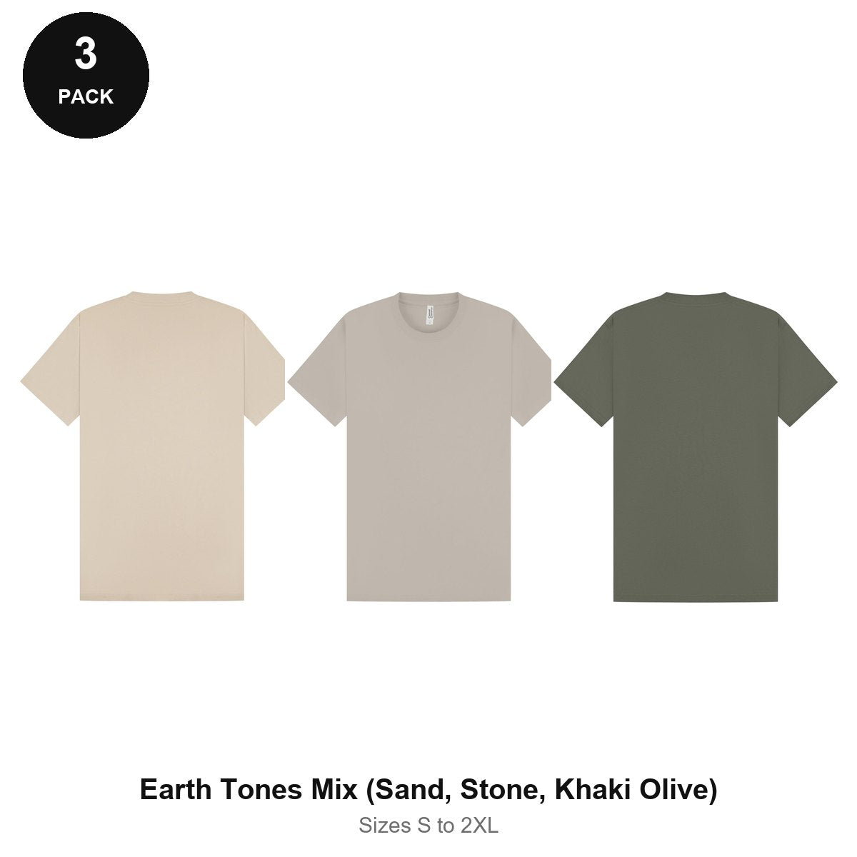 Heavyweight Organic 220gsm T-Shirts 3 Pack - 100% organic cotton 220gsm, Sizes S-2XL - Earth Tones Mix (Sand, Stone, Khaki Olive)