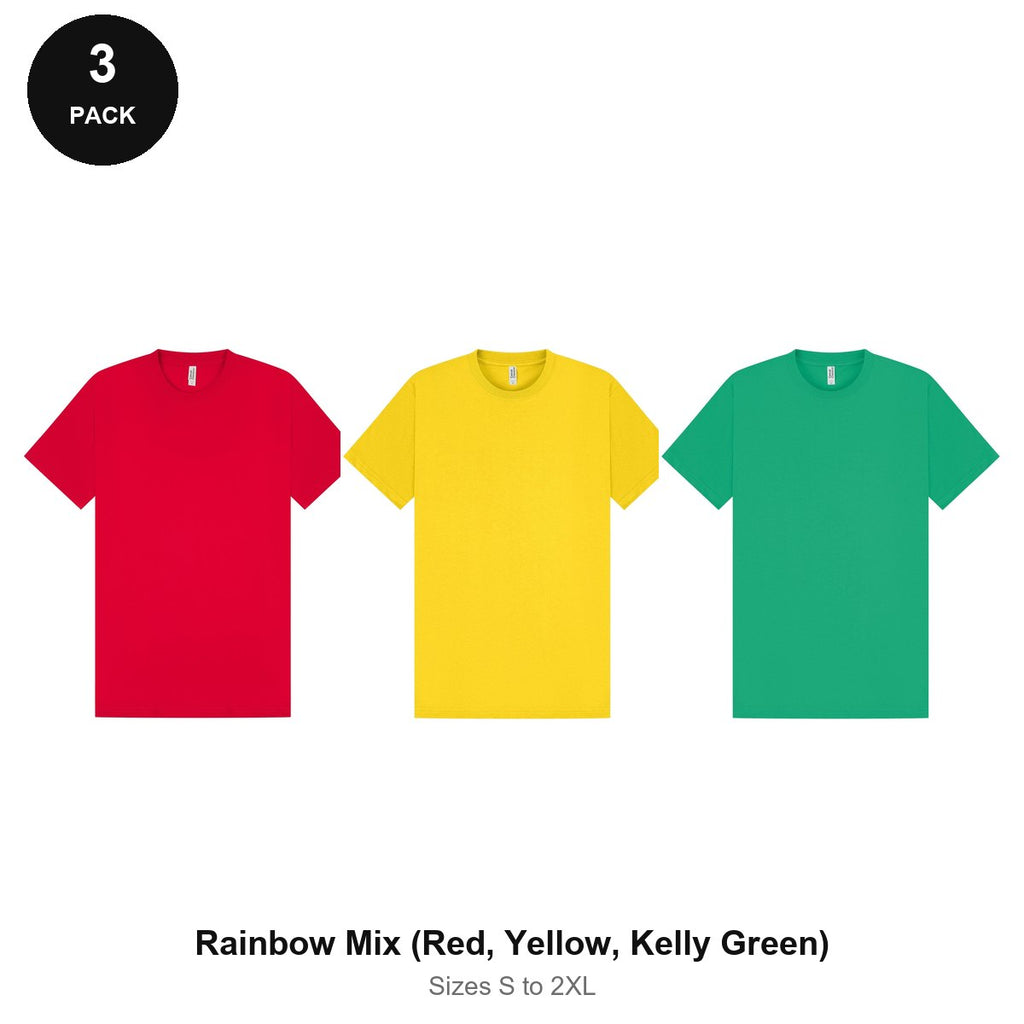 Heavyweight Organic 220gsm T-Shirts 3 Pack - 100% organic cotton 220gsm, Sizes S-2XL - Rainbow Mix (Red, Yellow, Kelly Green)