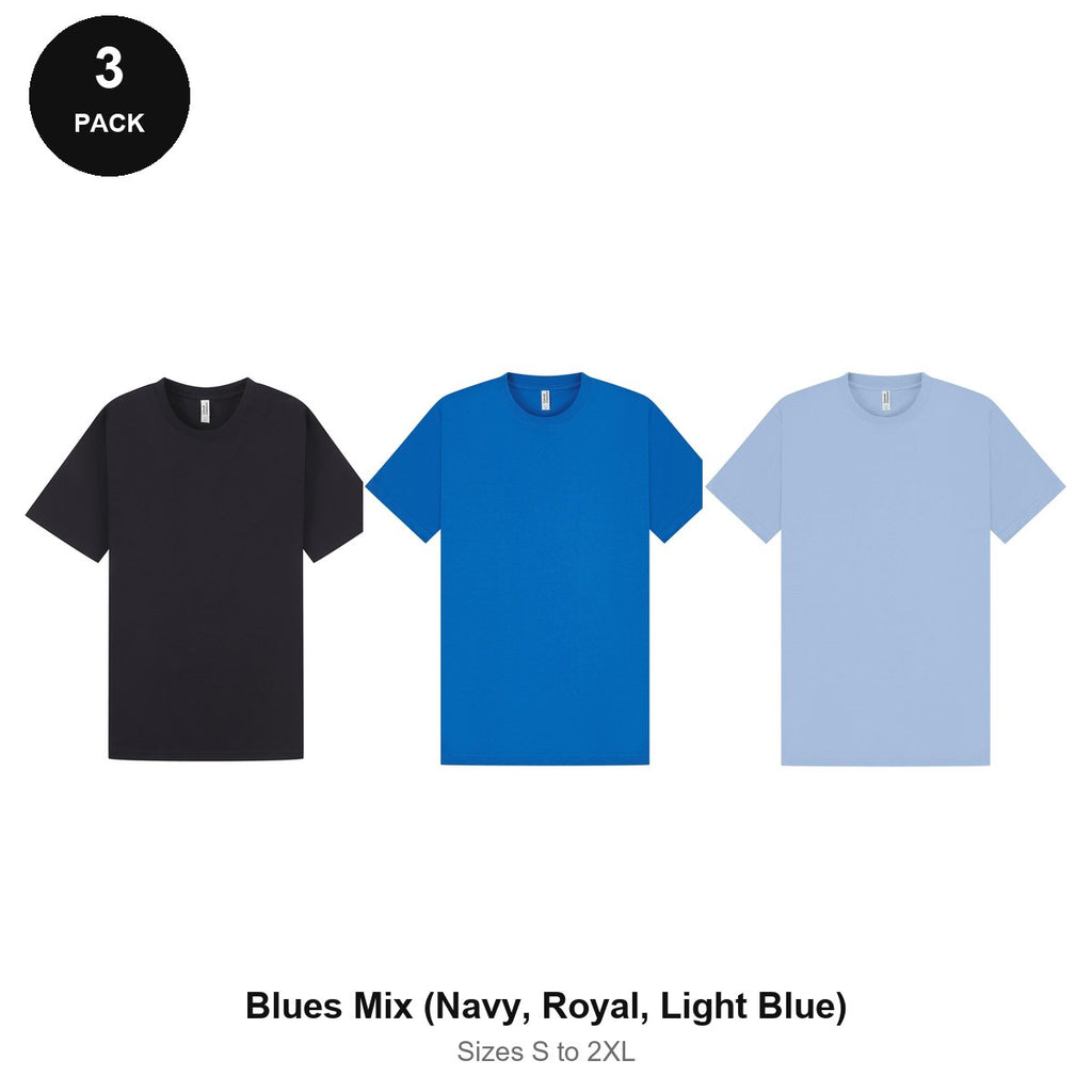 Heavyweight Organic 220gsm T-Shirts 3 Pack - 100% organic cotton 220gsm, Sizes S-2XL - Blues Mix (Navy, Royal, Light Blue)