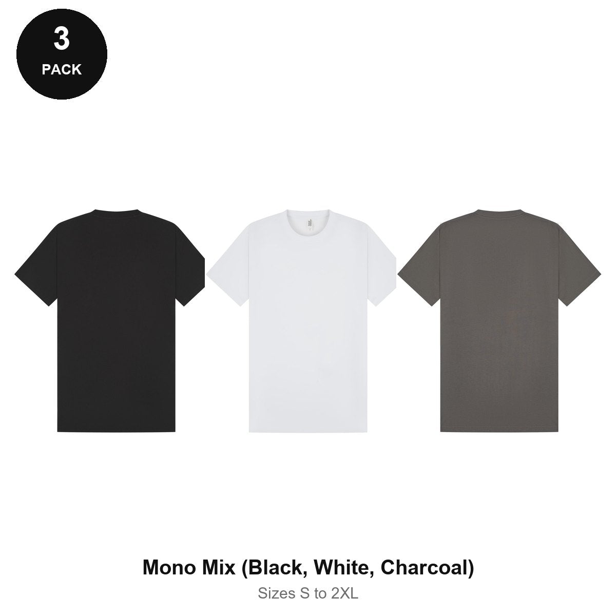 Heavyweight Organic 220gsm T-Shirts 3 Pack - 100% organic cotton 220gsm, Sizes S-2XL - Mono Mix (Black, White, Charcoal)