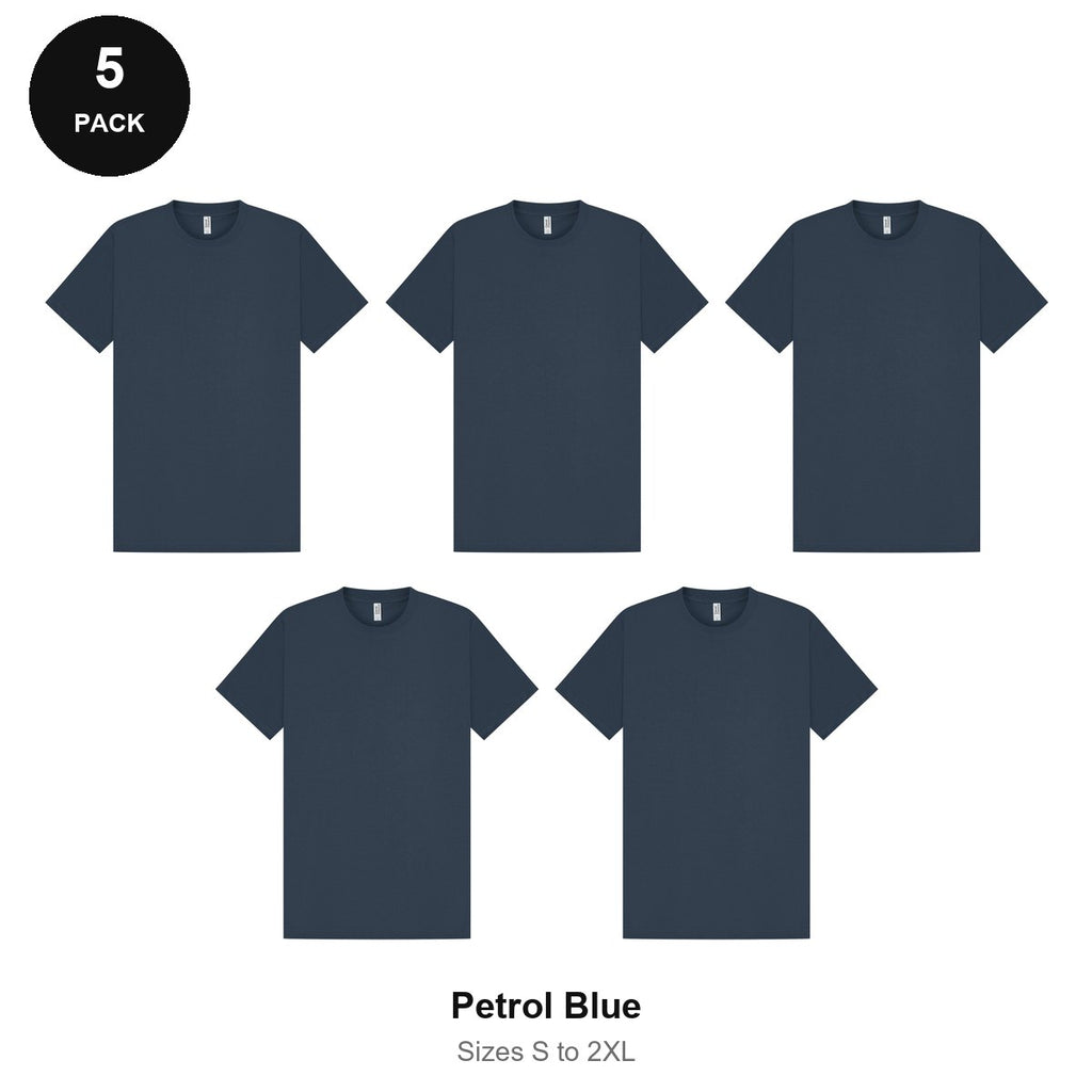 Heavyweight Organic 220gsm T-Shirts 5 Pack - 100% organic cotton 220gsm, Sizes S-2XL - Petrol Blue