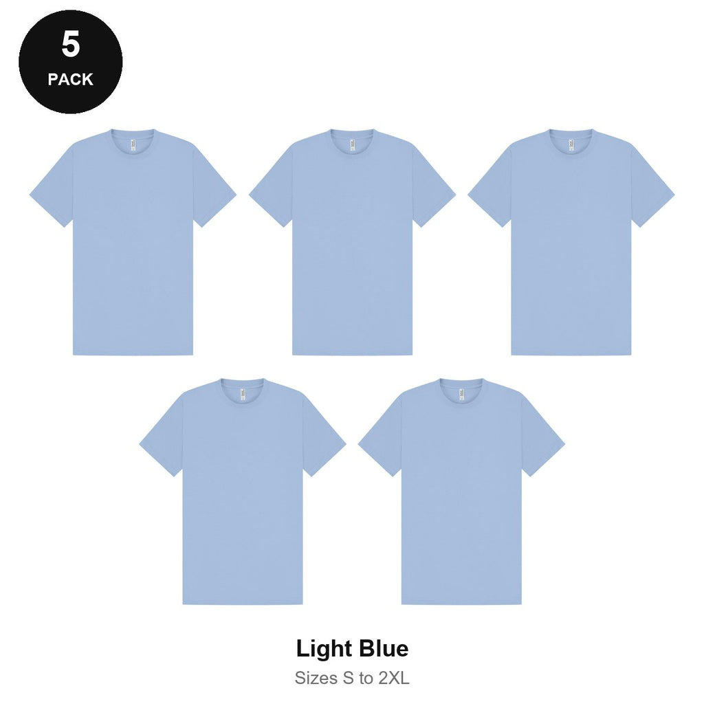 Heavyweight Organic 220gsm T-Shirts 5 Pack - 100% organic cotton 220gsm, Sizes S-2XL - Light Blue