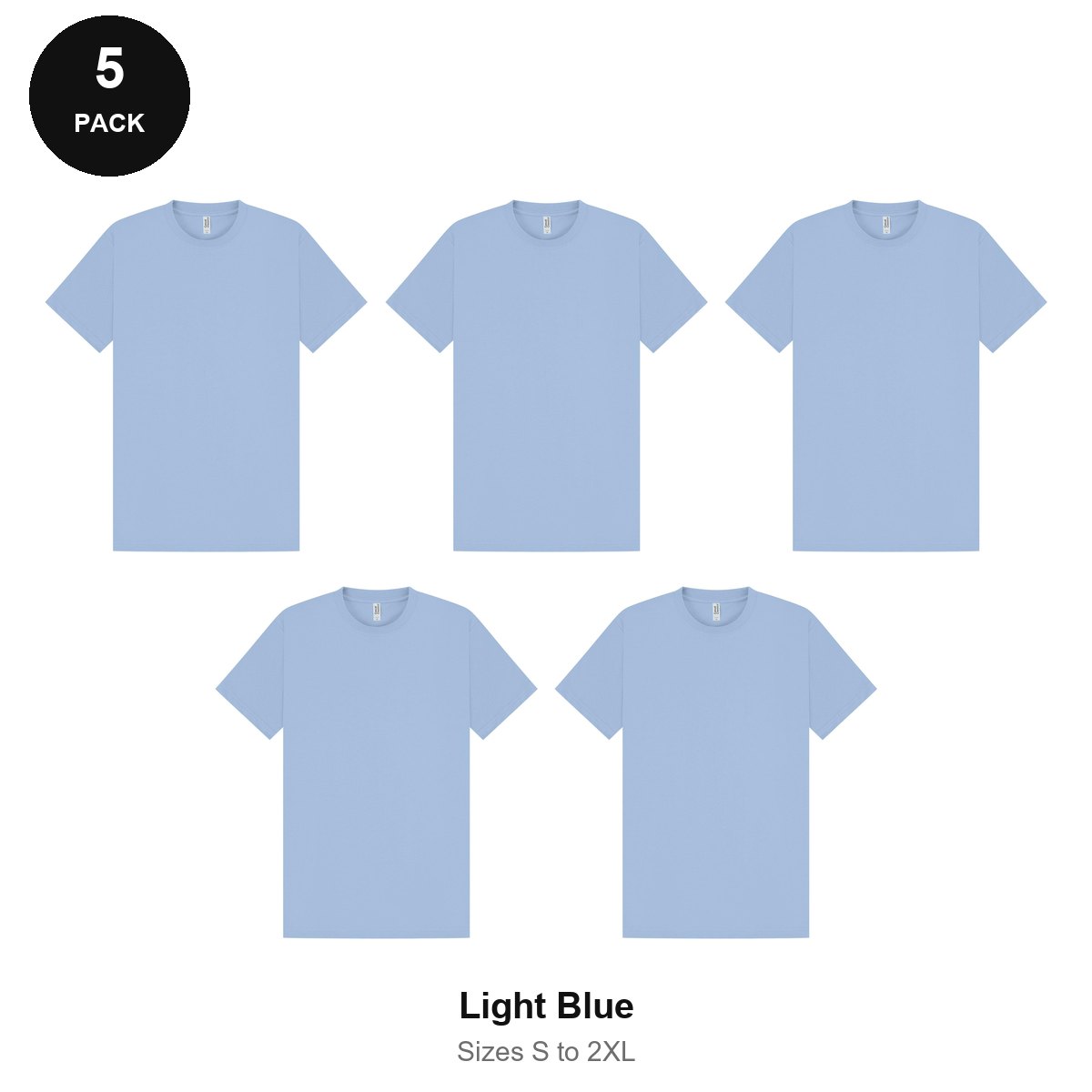 Heavyweight Organic 220gsm T-Shirts 5 Pack - 100% organic cotton 220gsm, Sizes S-2XL - Light Blue