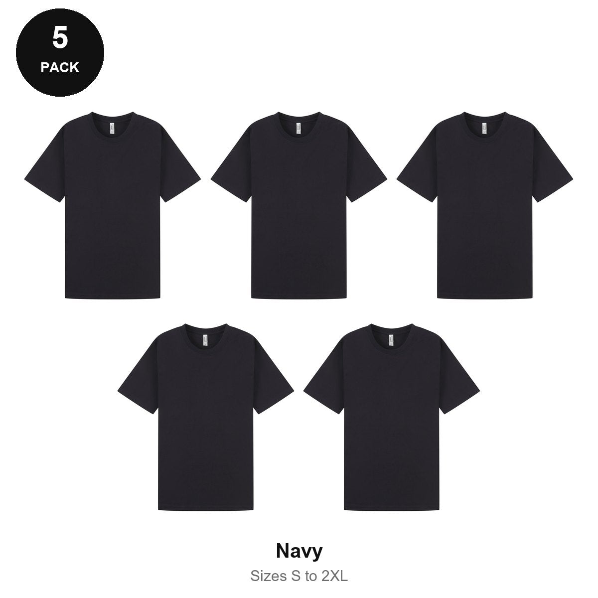 Heavyweight Organic 220gsm T-Shirts 5 Pack - 100% organic cotton 220gsm, Sizes S-2XL - Navy