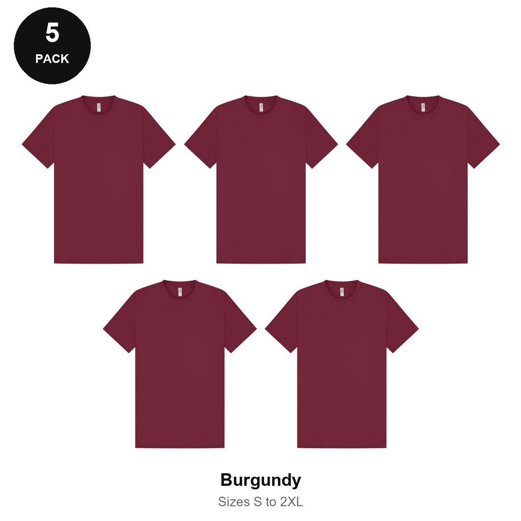 Heavyweight Organic 220gsm T-Shirts 5 Pack - 100% organic cotton 220gsm, Sizes S-2XL - Burgundy