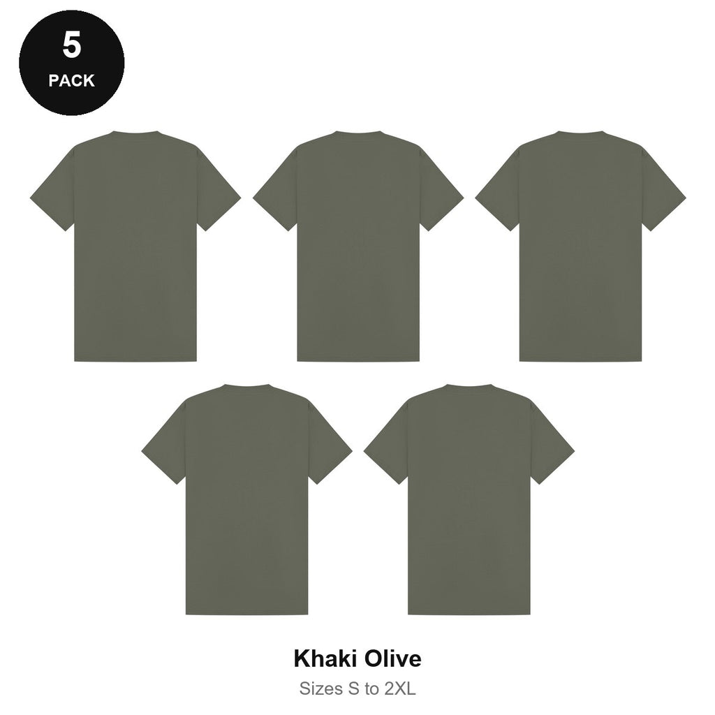 Heavyweight Organic 220gsm T-Shirts 5 Pack - 100% organic cotton 220gsm, Sizes S-2XL - Khaki Olive