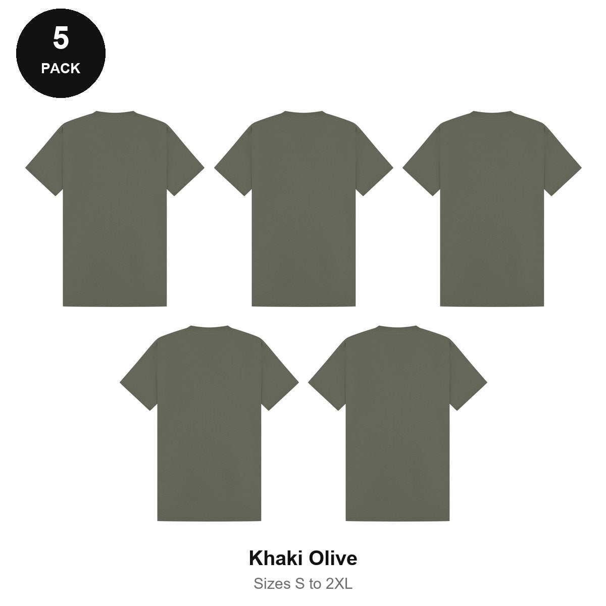 Heavyweight Organic 220gsm T-Shirts 5 Pack - 100% organic cotton 220gsm, Sizes S-2XL - Khaki Olive