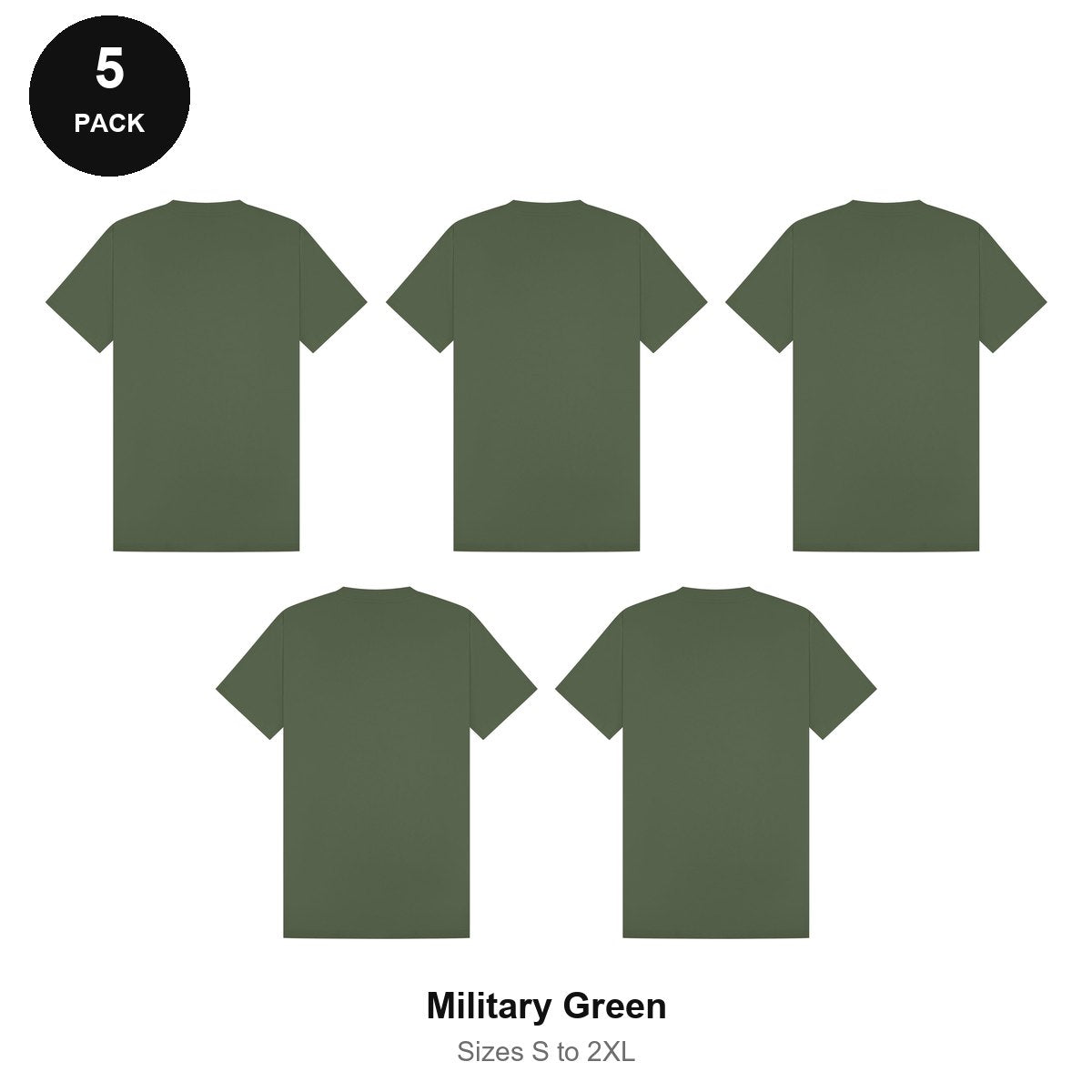 Heavyweight Organic 220gsm T-Shirts 5 Pack - 100% organic cotton 220gsm, Sizes S-2XL - Military Green