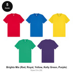 Heavyweight Organic 220gsm T-Shirts 5 Pack - 100% organic cotton 220gsm, Sizes S-2XL - Brights Mix (Red, Royal, Yellow, Kelly Green, Purple)