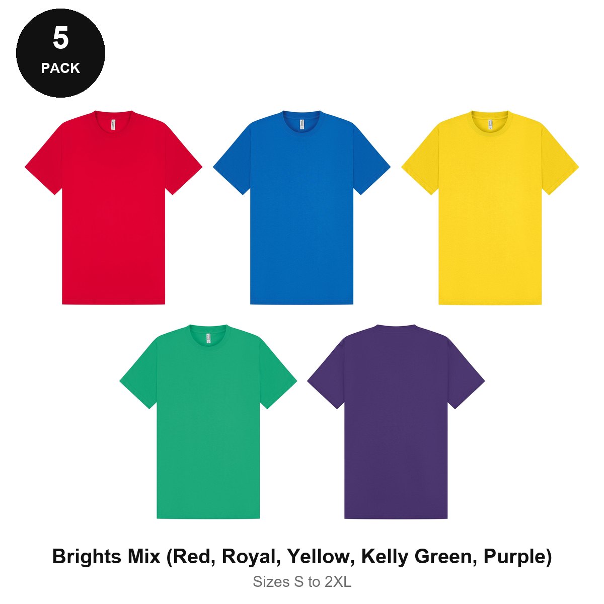 Heavyweight Organic 220gsm T-Shirts 5 Pack - 100% organic cotton 220gsm, Sizes S-2XL - Brights Mix (Red, Royal, Yellow, Kelly Green, Purple)