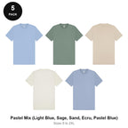 Heavyweight Organic 220gsm T-Shirts 5 Pack - 100% organic cotton 220gsm, Sizes S-2XL - Pastel Mix (Light Blue, Sage, Sand, Ecru, Pastel Blue)