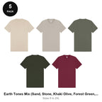Heavyweight Organic 220gsm T-Shirts 5 Pack - 100% organic cotton 220gsm, Sizes S-2XL - Earth Tones Mix (Sand, Stone, Khaki Olive, Forest Green, Burgundy)