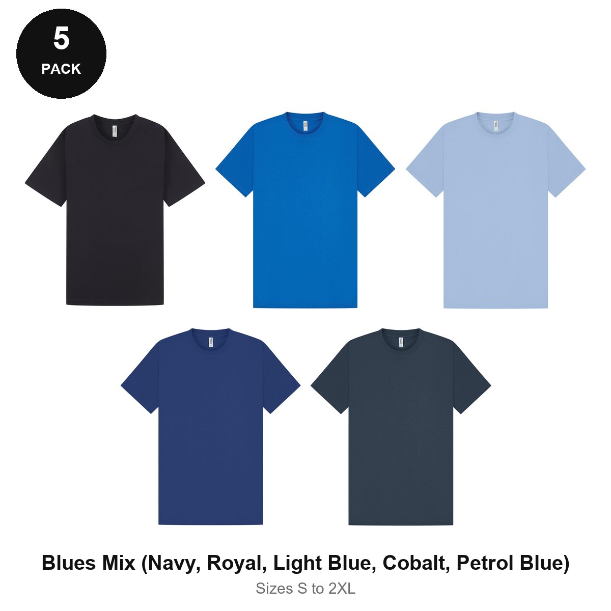 Heavyweight Organic 220gsm T-Shirts 5 Pack - 100% organic cotton 220gsm, Sizes S-2XL - Blues Mix (Navy, Royal, Light Blue, Cobalt, Petrol Blue)