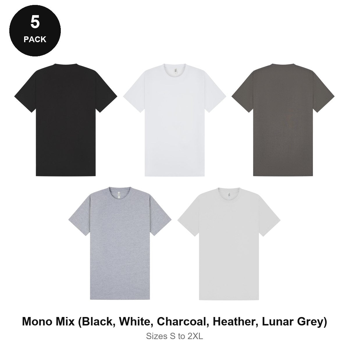 Heavyweight Organic 220gsm T-Shirts 5 Pack - 100% organic cotton 220gsm, Sizes S-2XL - Mono Mix (Black, White, Charcoal, Heather, Lunar Grey)