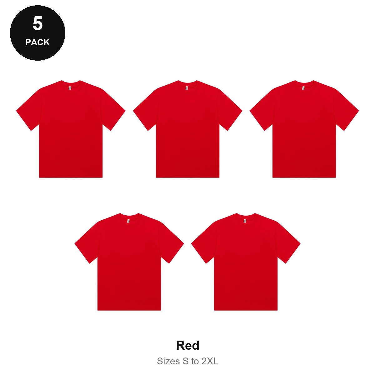 Organic Combed 180gsm T-Shirts 5 Pack - 100% organic cotton 180gsm, Sizes S-2XL - Red