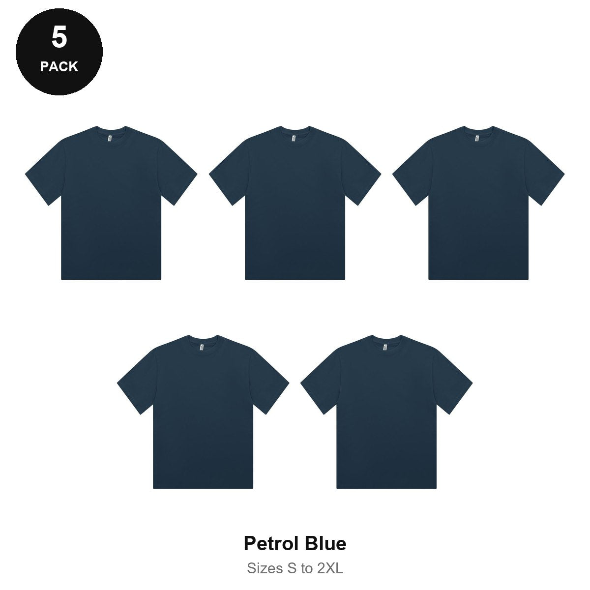 Organic Combed 180gsm T-Shirts 5 Pack - 100% organic cotton 180gsm, Sizes S-2XL - Petrol Blue