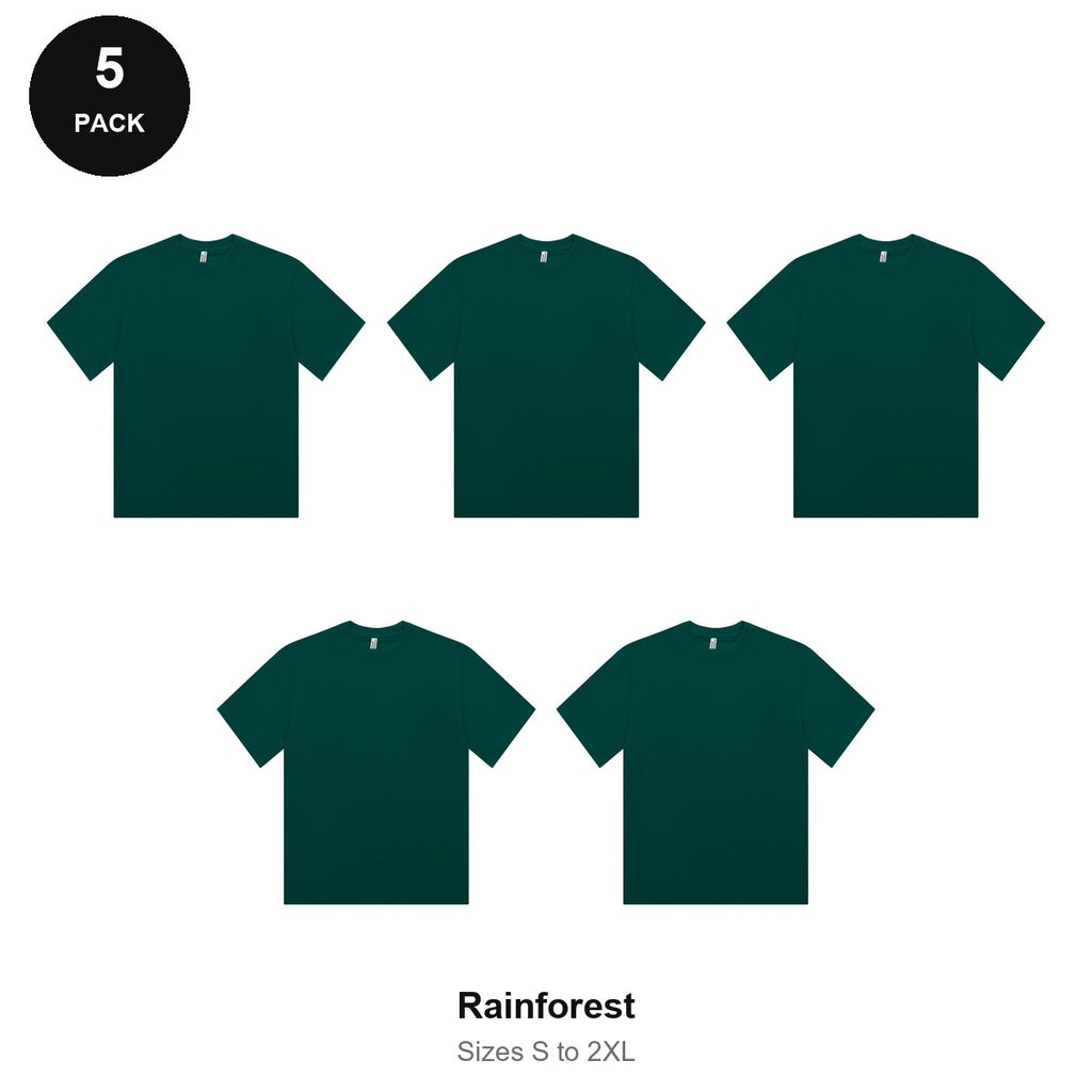 Organic Combed 180gsm T-Shirts 5 Pack - 100% organic cotton 180gsm, Sizes S-2XL - Rainforest