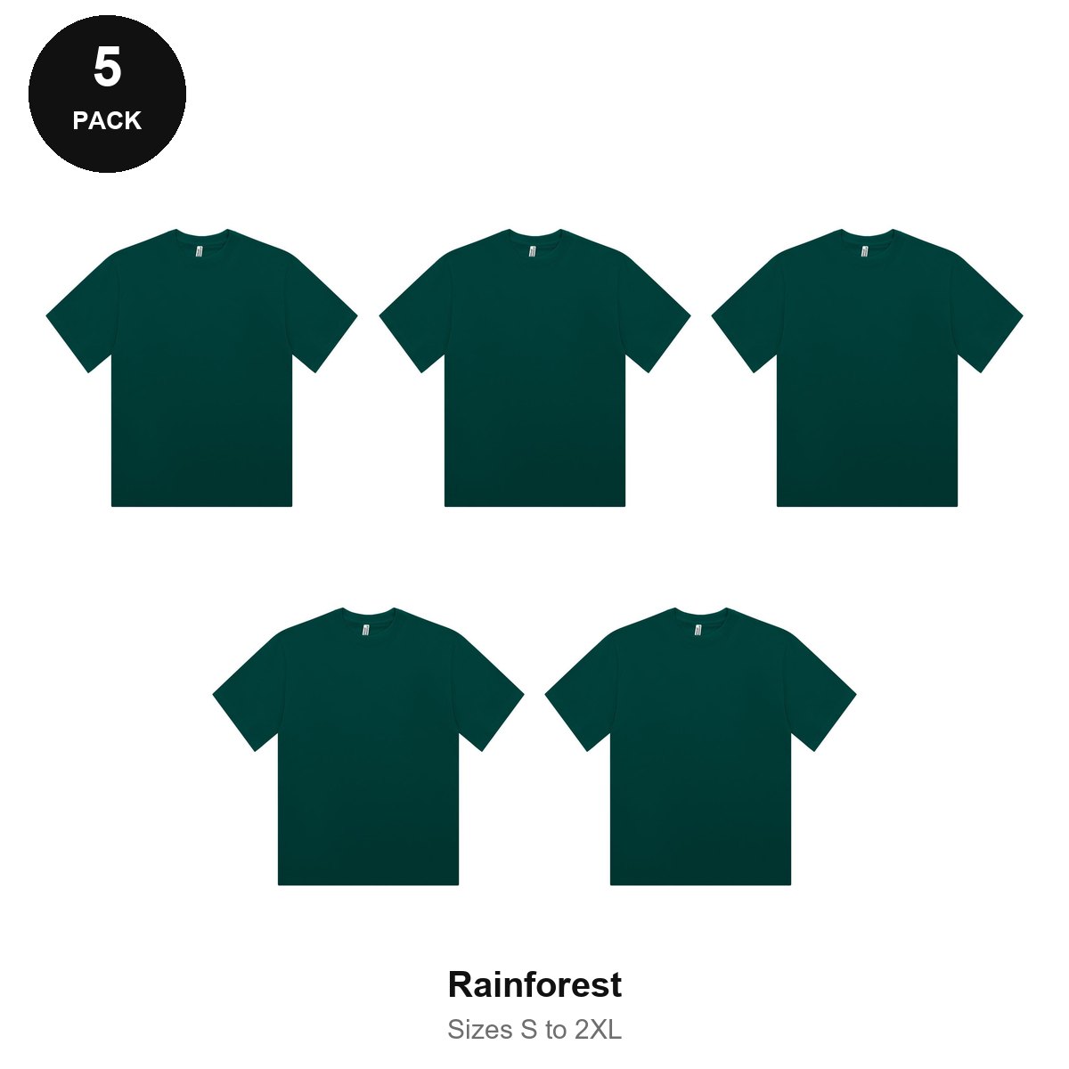 Organic Combed 180gsm T-Shirts 5 Pack - 100% organic cotton 180gsm, Sizes S-2XL - Rainforest
