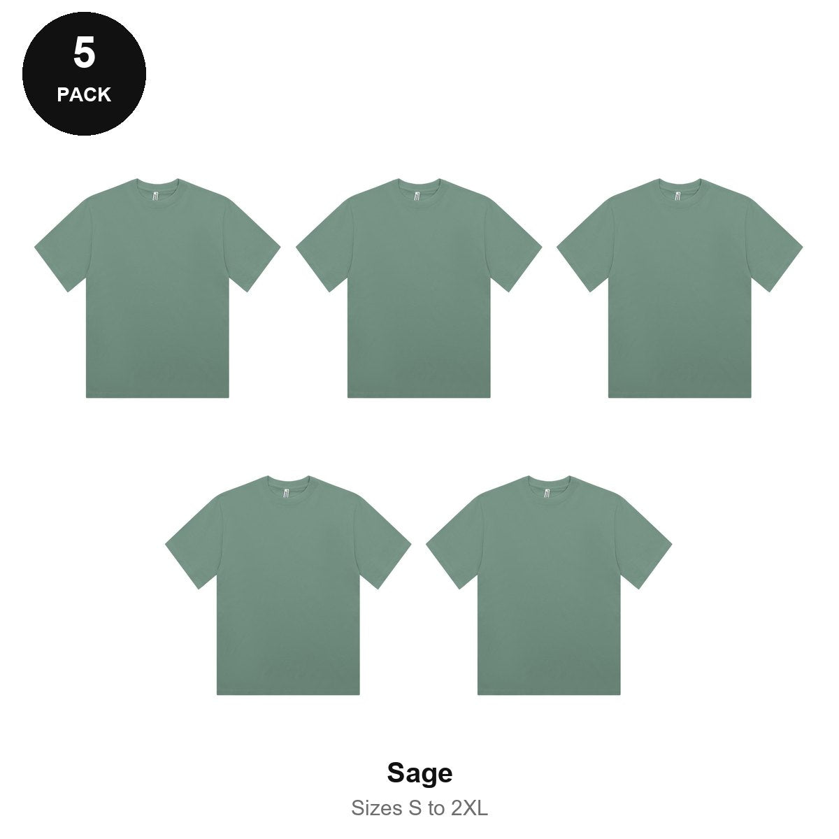 Organic Combed 180gsm T-Shirts 5 Pack - 100% organic cotton 180gsm, Sizes S-2XL - Sage