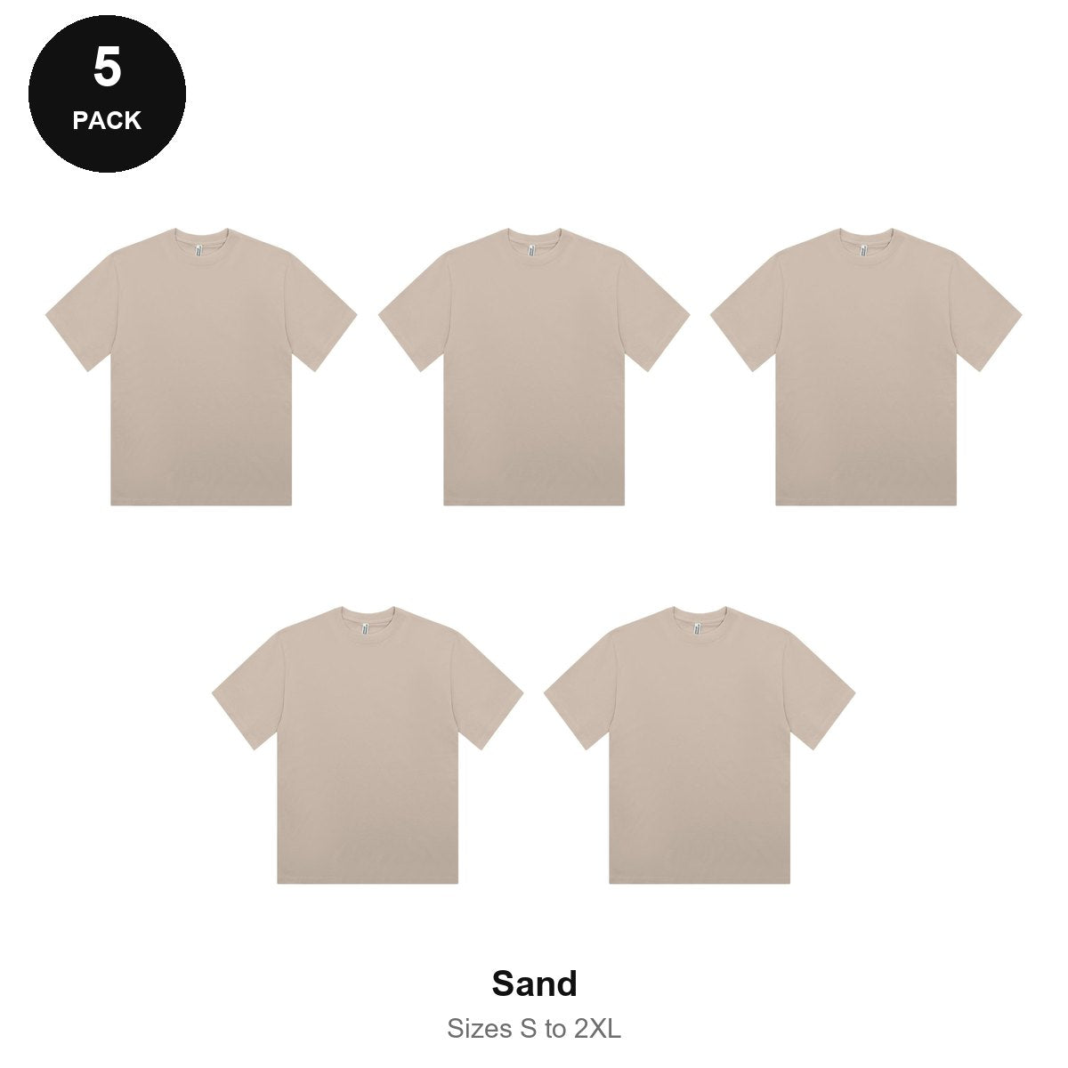 Organic Combed 180gsm T-Shirts 5 Pack - 100% organic cotton 180gsm, Sizes S-2XL - Sand