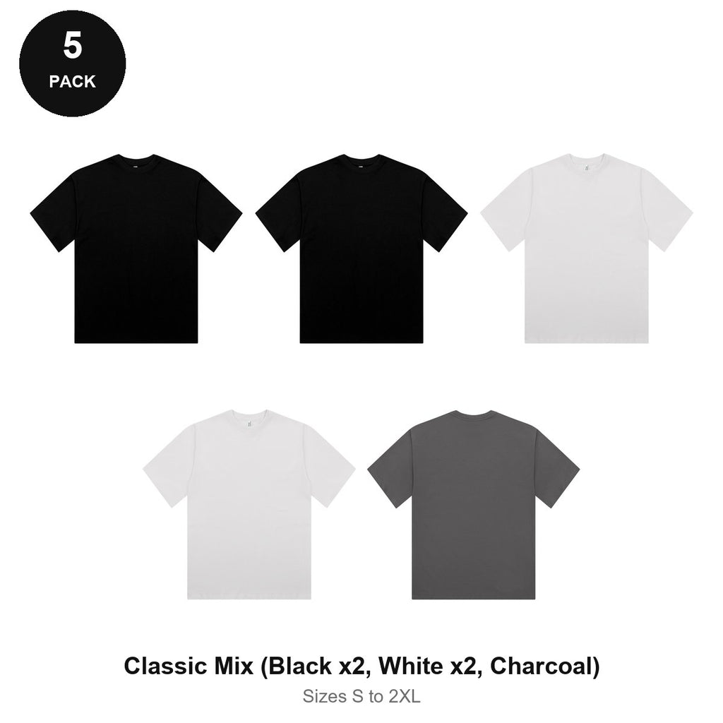 Organic Combed 180gsm T-Shirts 5 Pack - 100% organic cotton 180gsm, Sizes S-2XL - Classic Mix (Black x2, White x2, Charcoal)